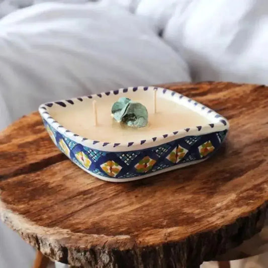 Bougie artisanale oeil en céramique couleur Bleu de Nabeul décorée