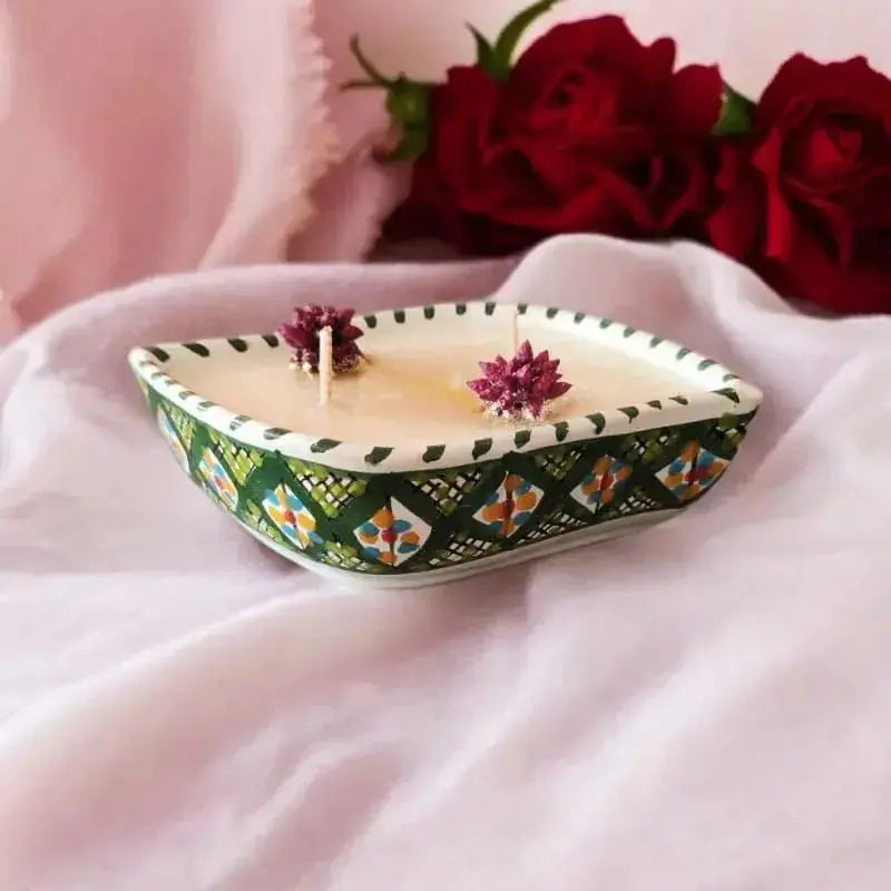 Bougie artisanale oeil en céramique couleur vert décorée 