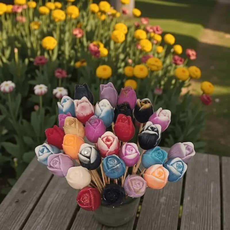 Bouquet de tulipes en cire artisanale multicolores, création florale originale faite à la main – Lulu Baladine