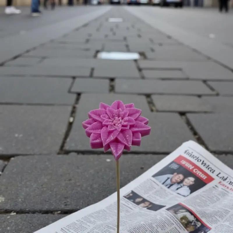 Étoile de Noël fushia en cire artisanale, fleur décorative poétique sur un trottoir urbain – Lulu Baladine