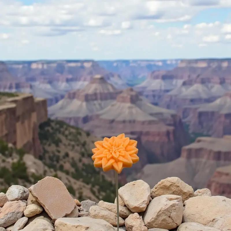 Étoile de Noël orange en cire artisanale, fleur décorative posée sur des roches face au Grand Canyon – Lulu Baladine