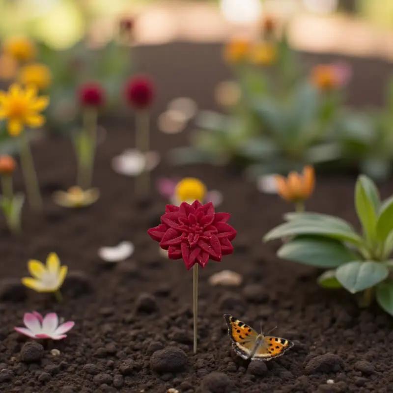 Étoile de Noël rouge en cire artisanale, fleur décorative au cœur d’un jardin fleuri avec un papillon – Lulu Baladine