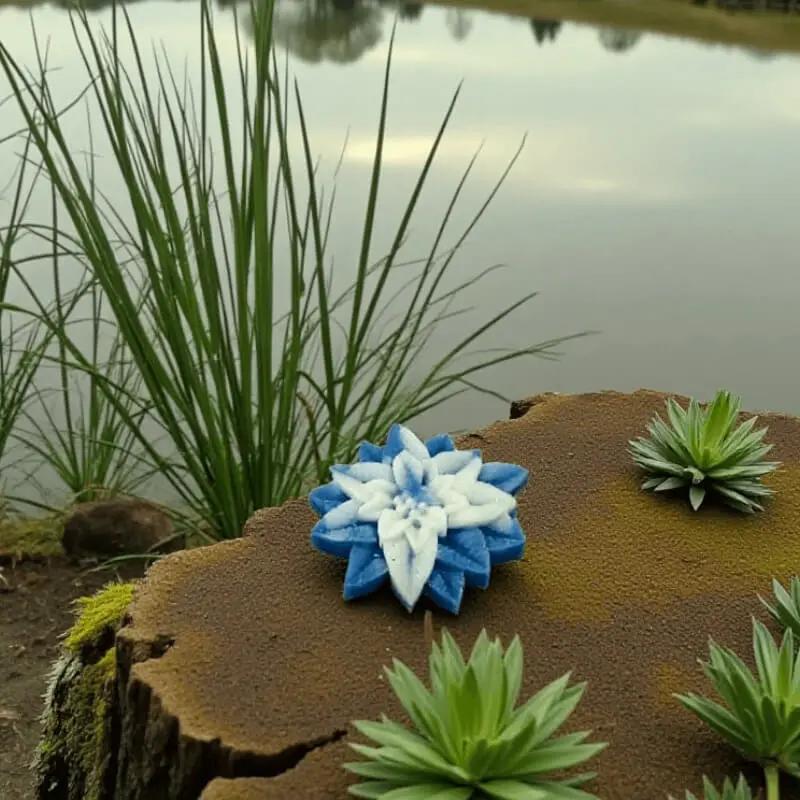Étoile de Noël bleue et blanche en cire artisanale, fleur décorative posée sur une souche près d’un étang – Lulu Baladine