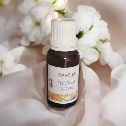 fiole en verre ambré, étiquette “fleur de coton”, extrait de parfum artisanal / Lulu Baladine 