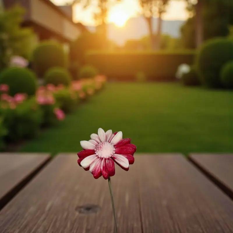 Gerbera bordée de rouge en cire artisanale, fleur décorative artisanale dans un jardin au coucher du soleil – Lulu Baladine
