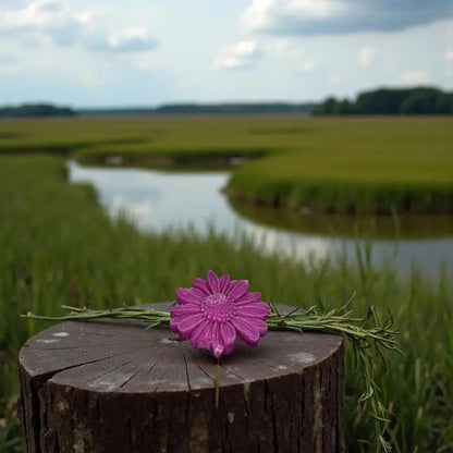 Gerbera fuchsia en cire artisanale, fleur décorative artisanale au bord d’un étang – Lulu Baladine