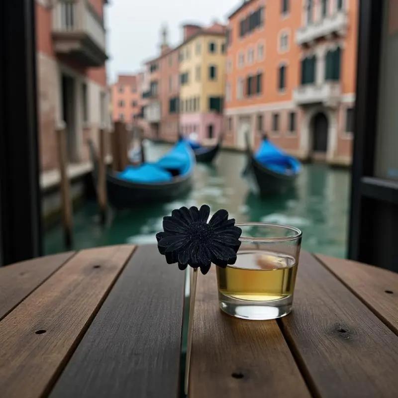 Gerbera noir en cire artisanale, fleur décorative élégante posée sur une table en bois avec vue sur les canaux – Lulu Baladine