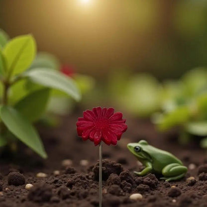 Gerbera rouge en cire artisanale, fleur décorative posée sur terre avec petite grenouille et lumière du soleil – Lulu Baladine