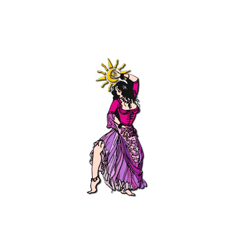 Logo sur un fond blanc de la baladine qui tien un soleil, couleur rose et violet 