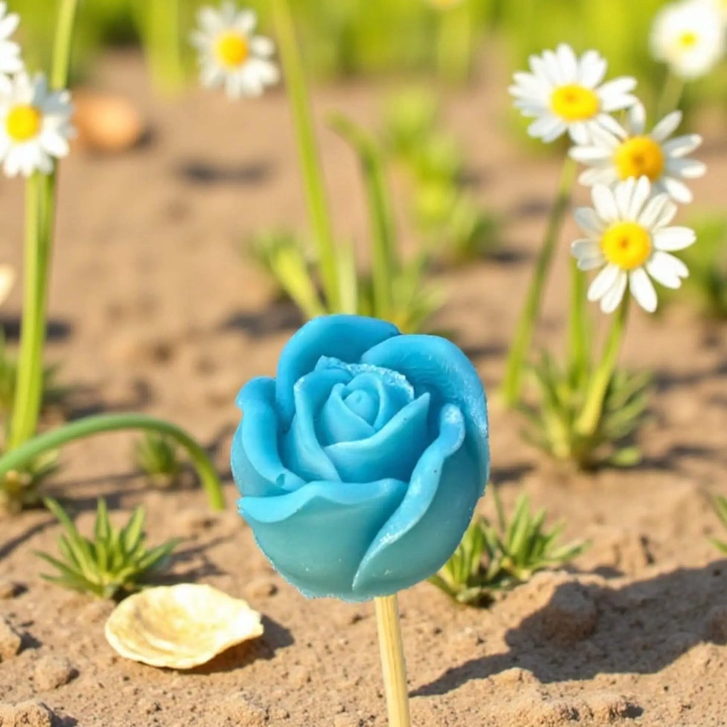 Petite rose turquoise en cire de soja naturelle plantée dans la terre avec des marguerites — fleur parfumée artisanale à acheter, idée cadeau déco naturelle.