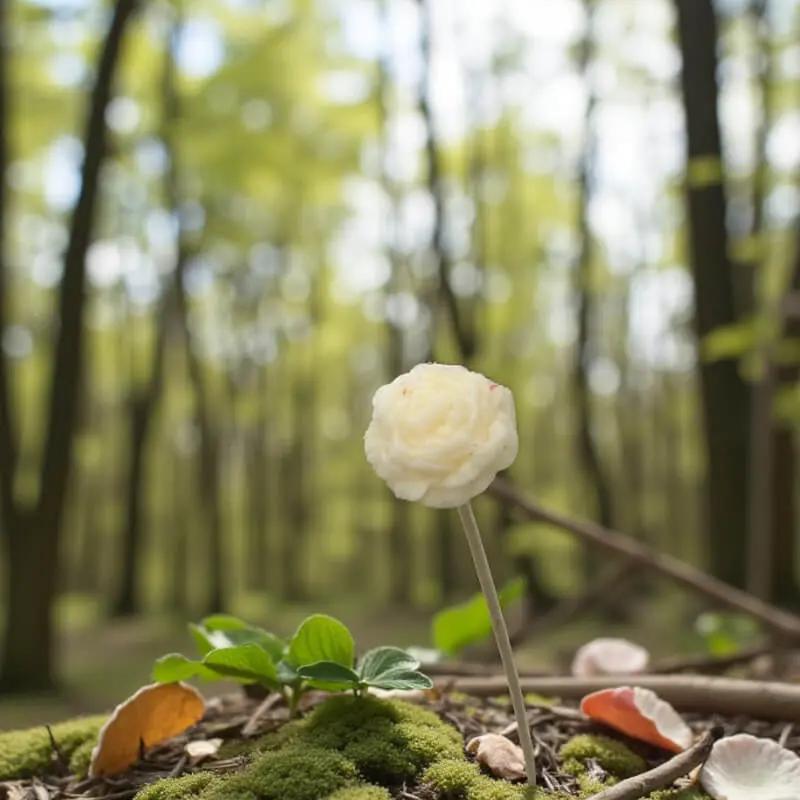 Petite pivoine Blanche Lulu Baladine placée sur un sol de foret.