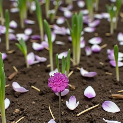 Petite fleur œillet fuchsia plantée dans la terre parmi des pousses vertes et des pétales tombés