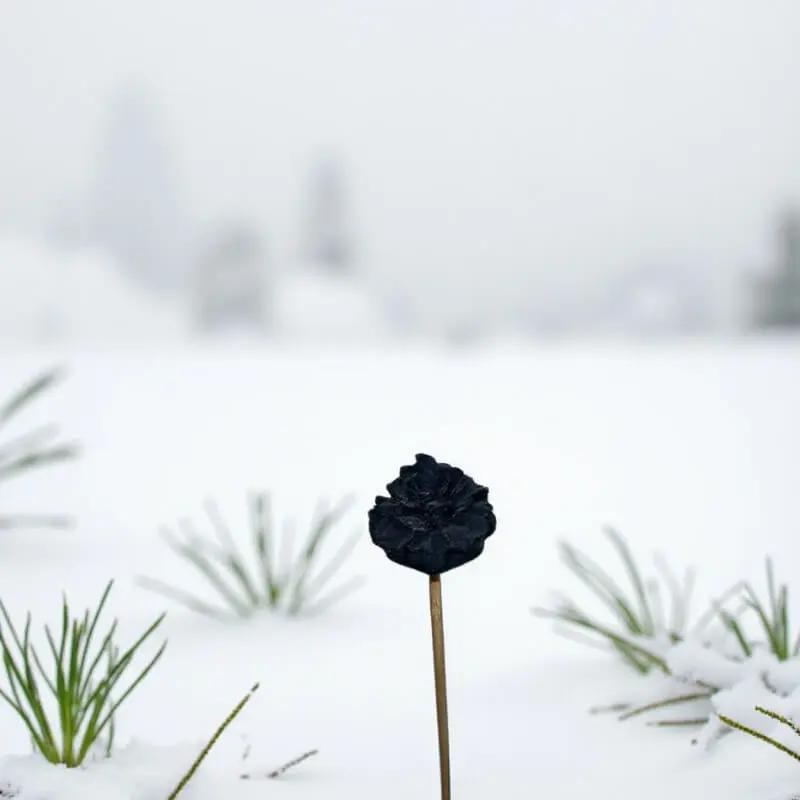 Petite fleur œillet noire sur un fond de neige blanche et de verdure hivernale