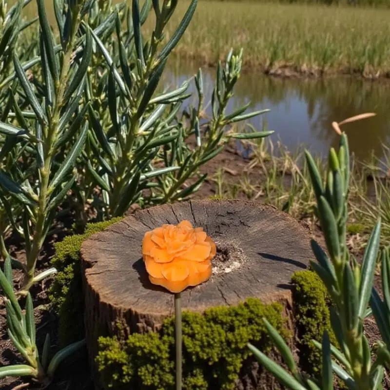 Petite fleur œillet orange posée sur une souche de bois près d’un étang verdoyant