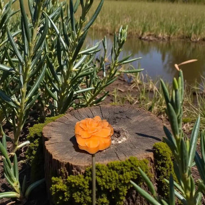 Petite fleur œillet orange posée sur une souche de bois près d’un étang verdoyant
