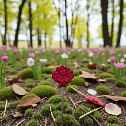 Petite fleur œillet rouge au milieu d’un champ fleuri et verdoyant en forêt