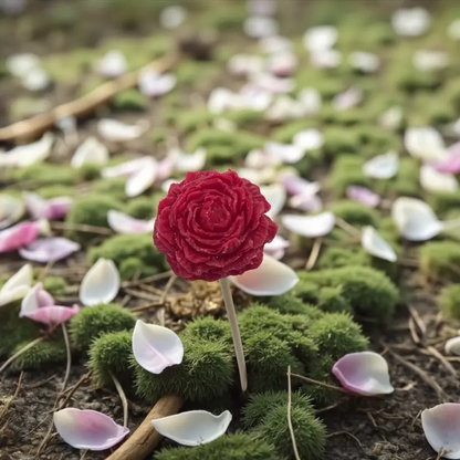 Petite pivoine Rouge Lulu Baladine placée sur de la mousse avec des pétale .