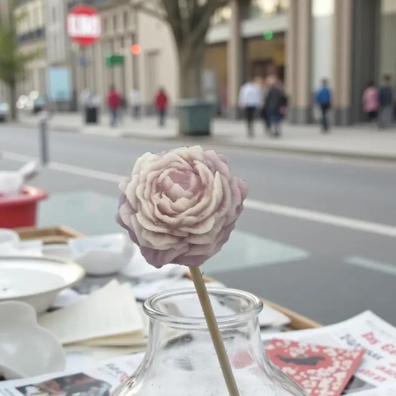 Petite pivoine vieux rose bordée de blanc Lulu Baladine dans un vase en verre sur une table de café en ville.