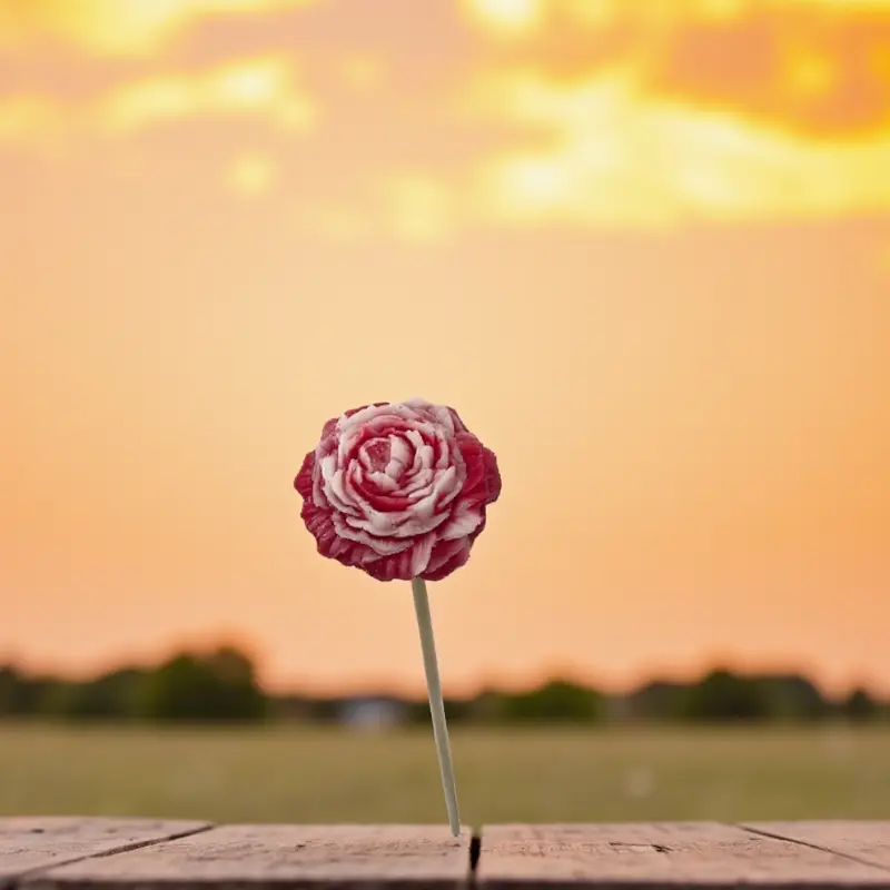 Petite pivoine Rouge bordée Lulu Baladine placée sur une terrasse avec un soleil animée.
