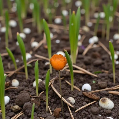 Petite renoncule orange en cire artisanale, planté dans un champs de blé juste germée – Lulu Baladine