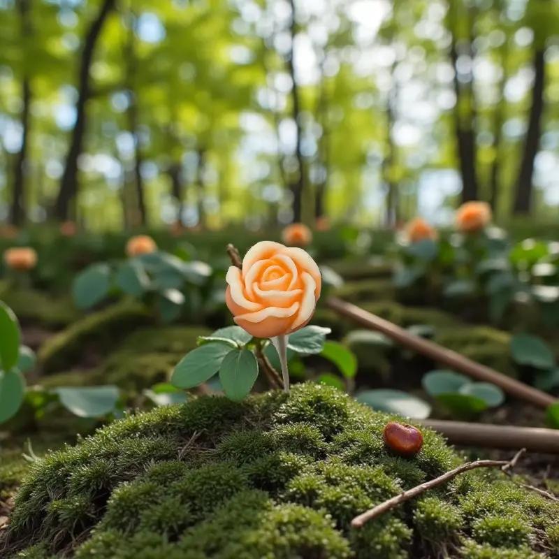 Petite fleurs orange Lulu Baladine sur fond foret doux et lumineux.