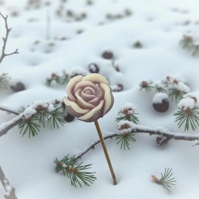 Petite rose vieux rose bordée de blanc  Lulu Baladine au milieu d'un sol enneigé .