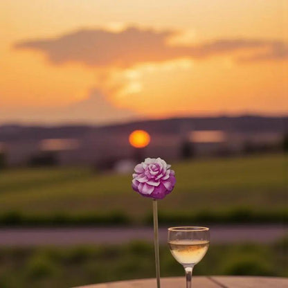 Œillet rose fuchsia posé sur une table au coucher du soleil avec un verre de vin