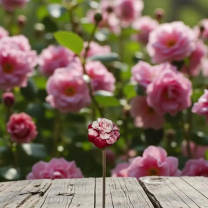 Petite fleur œillet rouge et blanche posée sur du bois devant des roses en arrière-plan