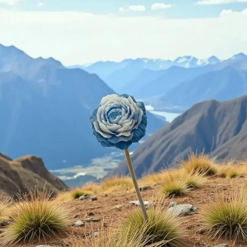 Petite pivoine bleue bordée de blanc Lulu Baladine posée en montagne avec une vue panoramique sur les sommets.