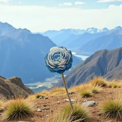 Petite pivoine bleue bordée de blanc Lulu Baladine posée en montagne avec une vue panoramique sur les sommets.