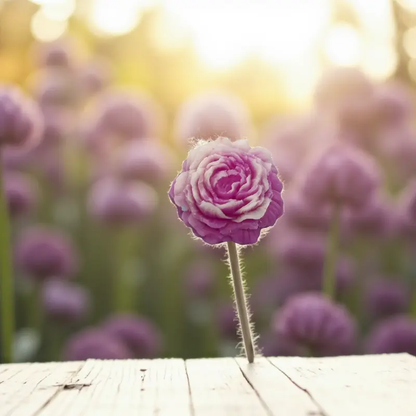 Petite pivoine fushia Lulu Baladine placée sur une terrasse fleuri au cœur d’un jardin.