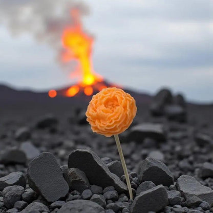Petite pivoine orange Lulu Baladine sur sol volcanique avec un volcan en éruption en arrière-plan.