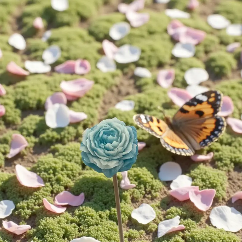 Petite pivoine turquoise bordée de blanc Lulu Baladine avec un papillon et des pétales roses au sol.