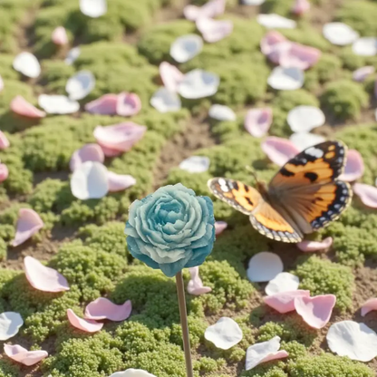 Petite pivoine turquoise bordée de blanc Lulu Baladine avec un papillon et des pétales roses au sol.