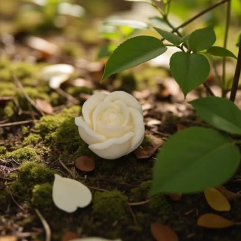 Petite rose blanche Lulu Baladine posée sur un lit de mousse et de feuilles en forêt.