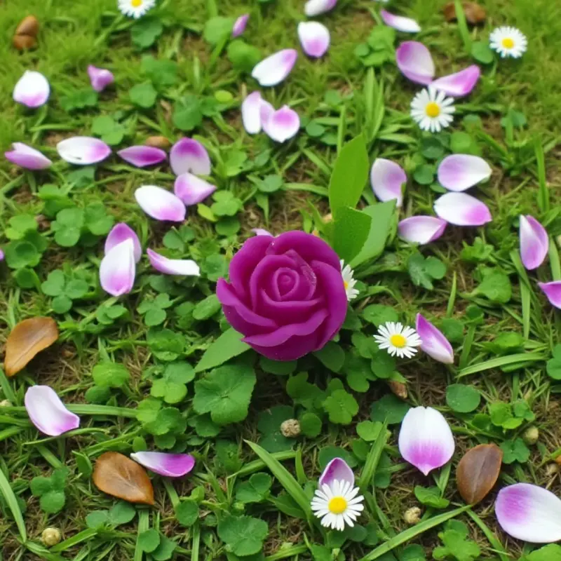 Petite rose fuchsia Lulu Baladine entourée de pétales roses et de marguerites dans l’herbe.