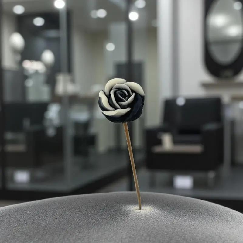 Petite rose noire bordée de blanc Lulu Baladine sur un fond intérieur moderne et élégant.