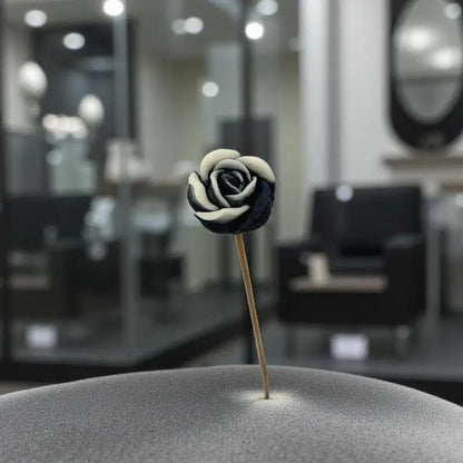 Petite rose noire bordée de blanc Lulu Baladine sur un fond intérieur moderne et élégant.