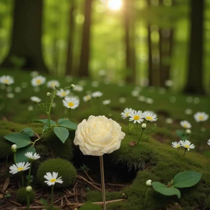 Pivoine blanche en cire artisanale, fleur décorative naturelle dans un sous-bois parsemé de marguerites – Lulu Baladine