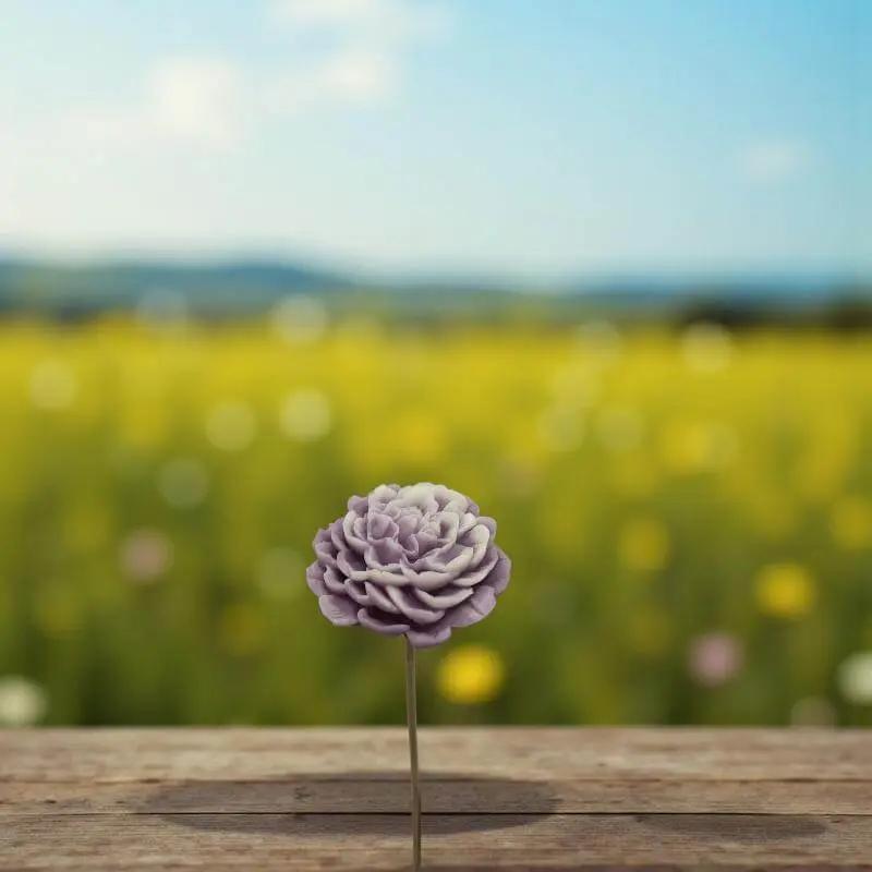 Pivoine bordée de vieux rose en cire artisanale, fleur décorative raffinée posée sur table en bois – Lulu Baladine