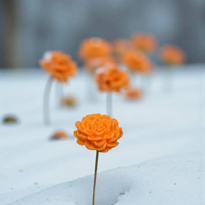 Pivoine orange en cire artisanale, fleur décorative lumineuse contrastant avec la neige hivernale – Lulu Baladine