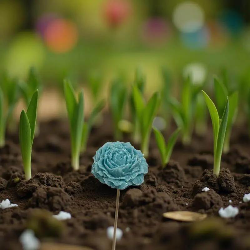 Pivoine turquoise en cire artisanale, fleur décorative artisanale parmi de jeunes pousses de jardin – Lulu Baladine
