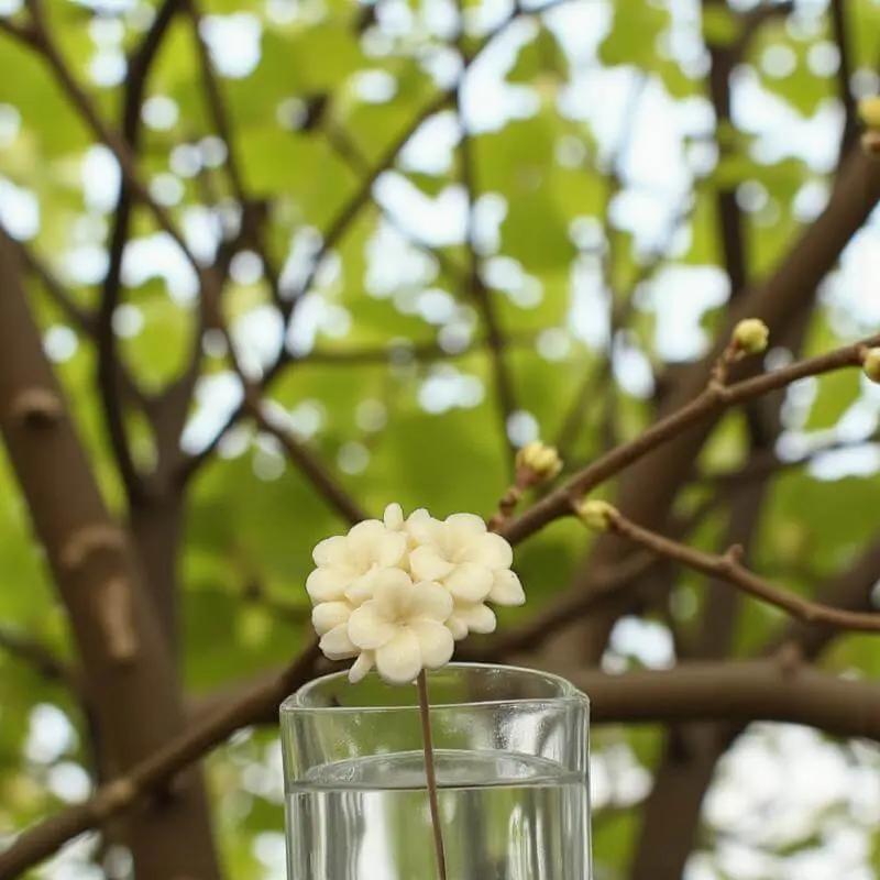 Primevère moyenne blanche en cire artisanale, fleur décorative délicate dans un verre au cœur d’un arbre printanier – Lulu Baladine