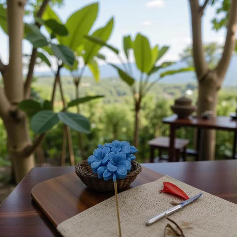 Primevère moyenne bleue en cire artisanale, fleur décorative posée sur une table en bois avec vue naturelle – Lulu Baladine