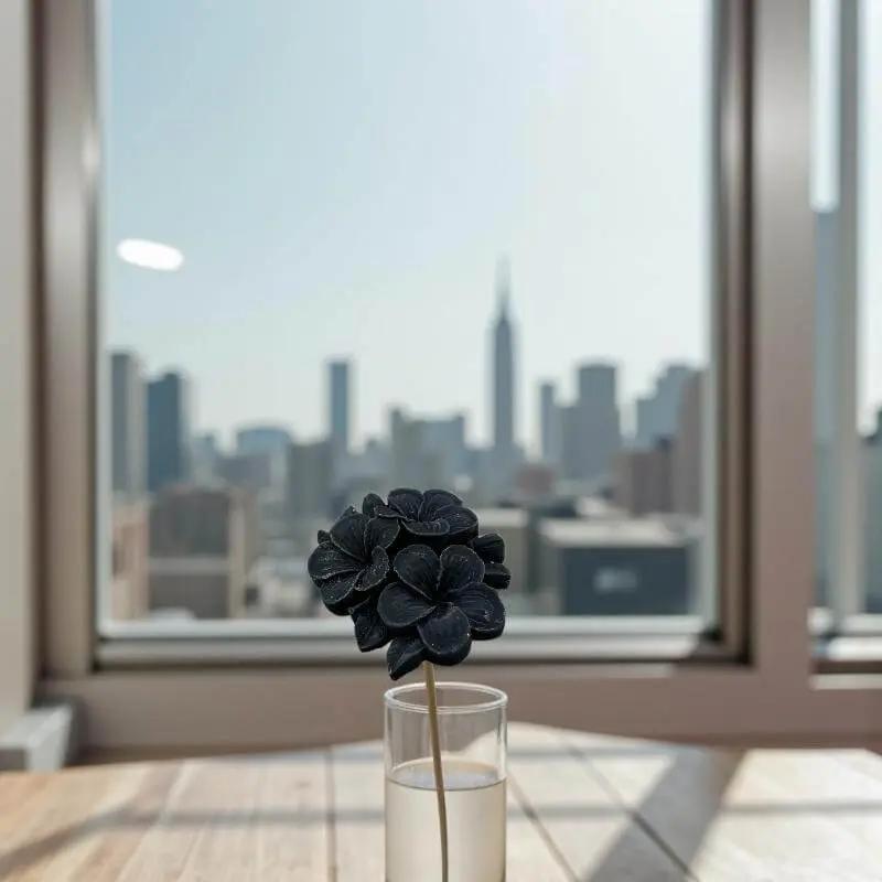 Primevère moyenne noire en cire artisanale, fleur décorative élégante sur fond urbain lumineux – Lulu Baladine