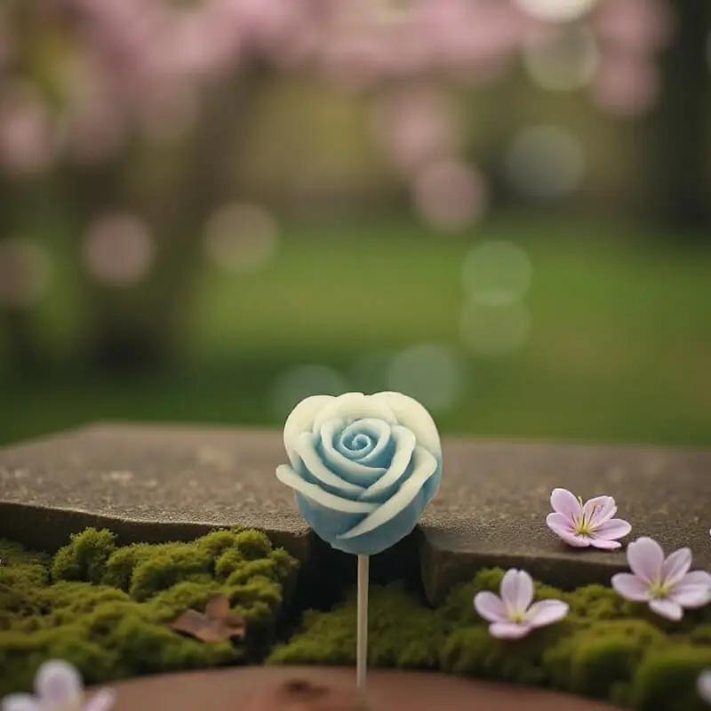 Rose bordée turquoise en cire artisanale, fleur décorative délicate posée sur un lit de mousse et de fleurs printanières – Lulu Baladine