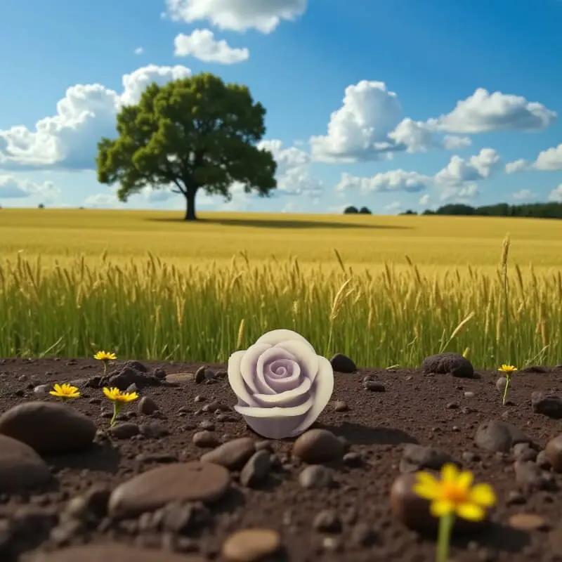 Rose bordée vieux rose en cire artisanale, fleur décorative douce et poétique au cœur d’un champ ensoleillé – Lulu Baladine