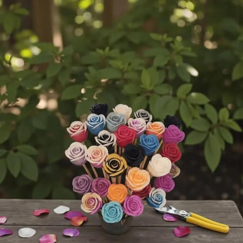 Bouquet de roses en cire artisanale, fleurs colorées et raffinées disposées dans un vase en verre – Lulu Baladine