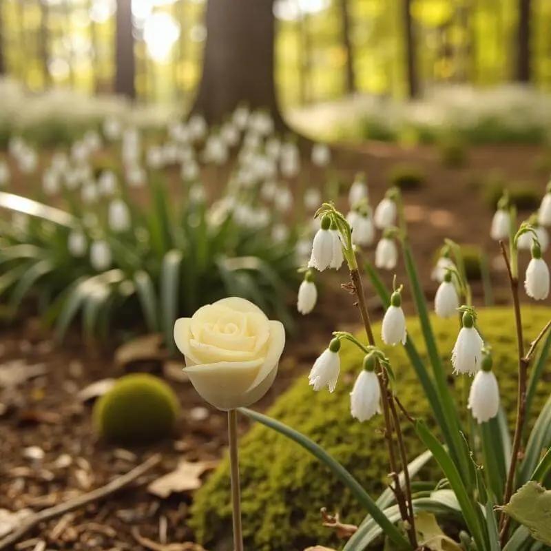 Rose blanche en cire artisanale, fleur décorative élégante au cœur d’un sous-bois printanier – Lulu Baladine