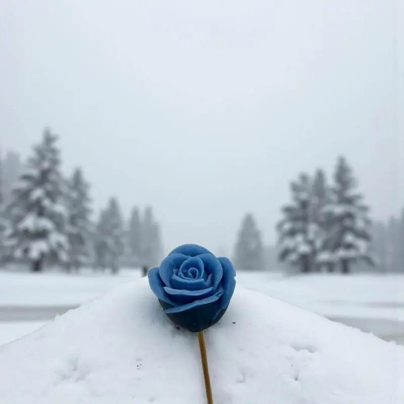 Rose bleue en cire artisanale, fleur décorative poétique reposant sur la neige hivernale – Lulu Baladine